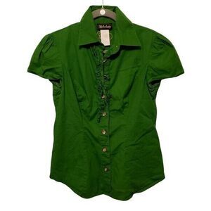 Green Ruffled Button-Down Shirt
